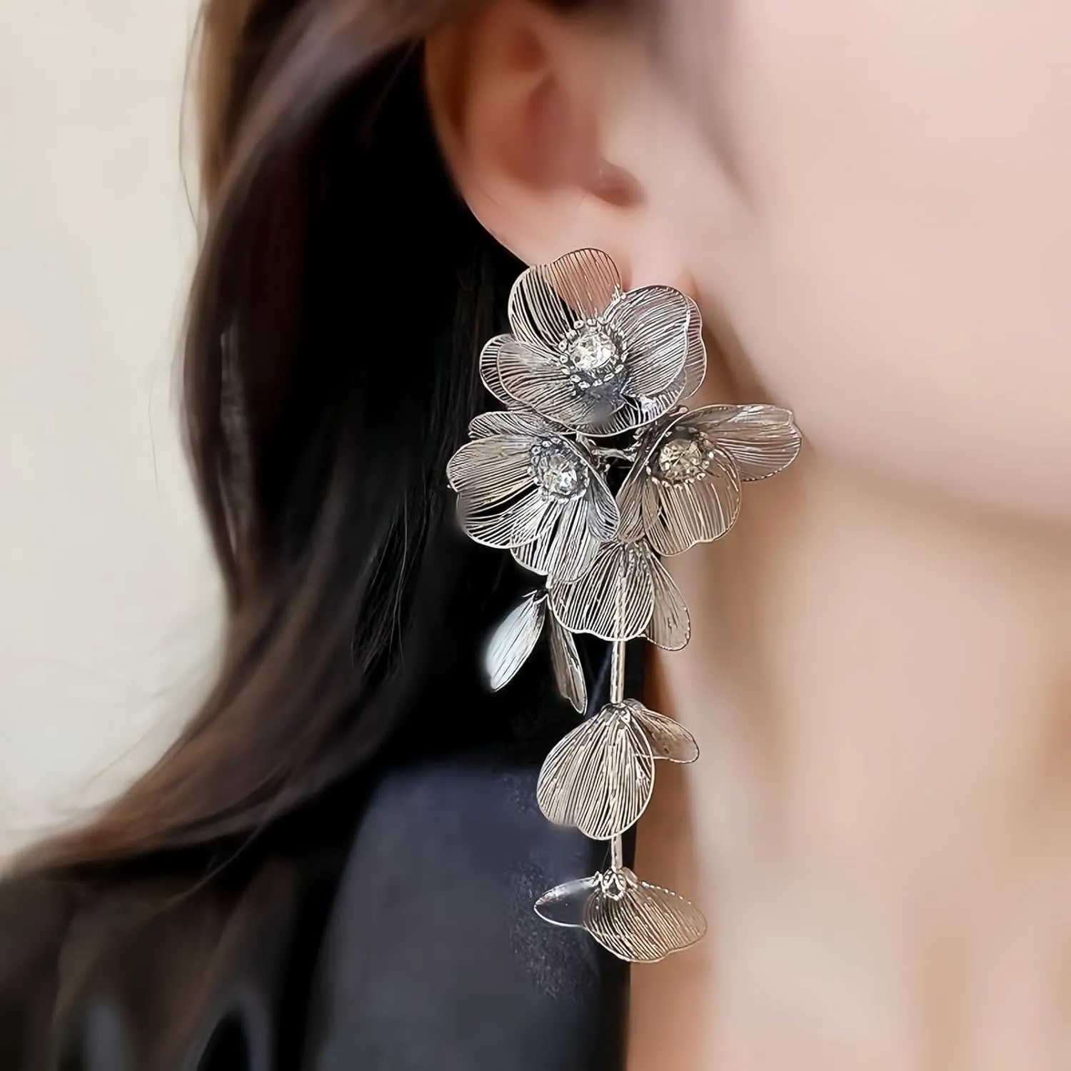 Large Filigree Handmade Flower Tassel Drop Dangle Earrings for Women,Exaggerated Statement Floral Metal Boho Trendy Fashion Plant Earrings Chic Jewelry