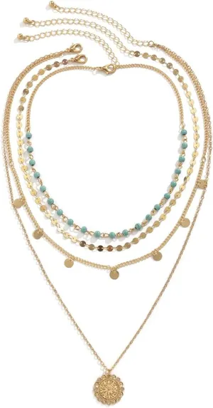 Layer Necklaces for Women, Gold Long Necklaces for Women 4 Layer Pendant Necklaces Gold Sequin Bead Design Vacation Wedding Jewelry for Bride