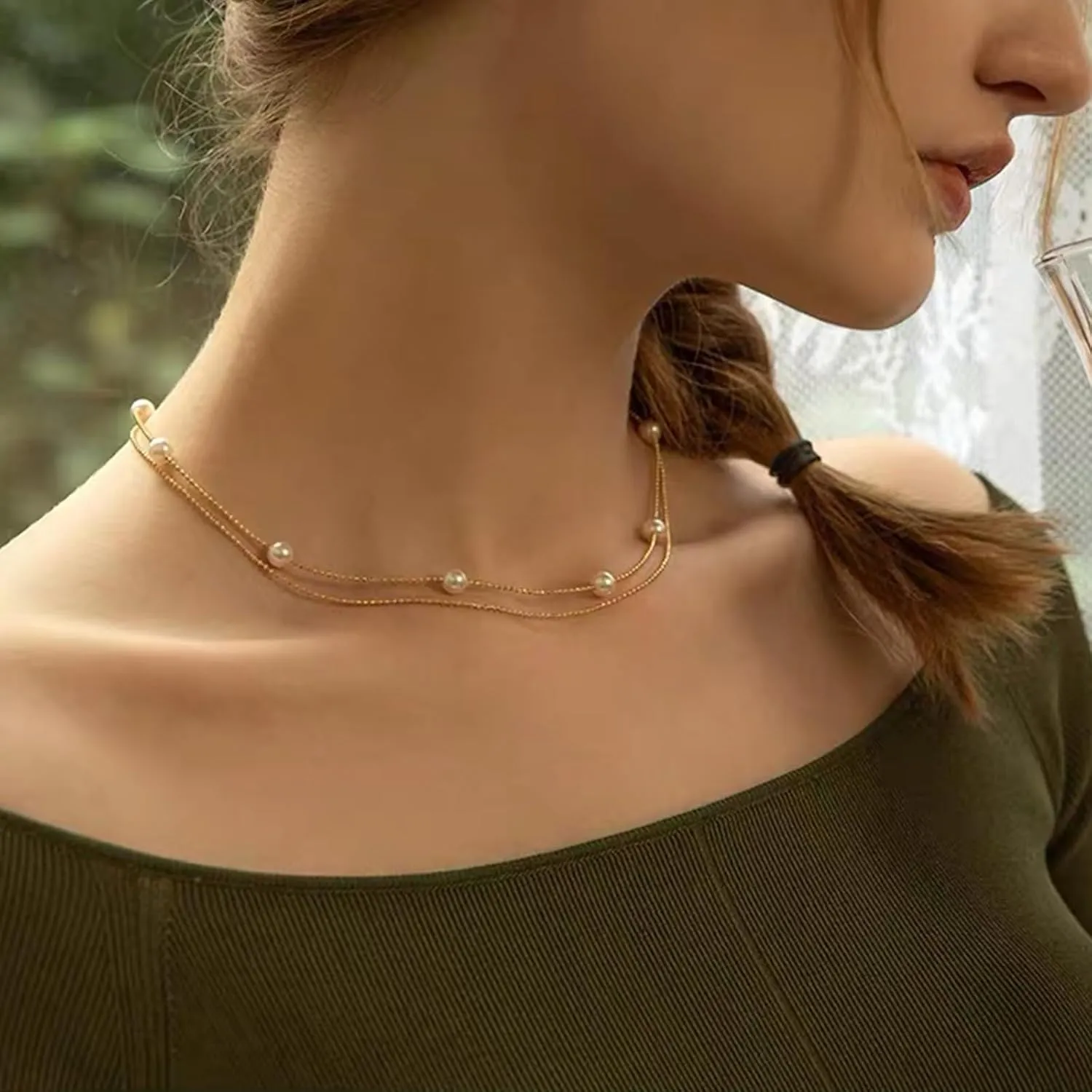 Layered Choker Necklaces for Women, Dainty 14K Gold Plated Bead Chain Necklace Pearl Ball Adjustable Pendant Necklaces Layered Necklaces Jewelry for Women