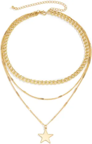 Layered Choker Necklaces for Women, Layered Necklaces for Women Pentagram Pendant Chain Necklaces Jewelry Gifts for Birthday Wedding, 3 Layers, Gold