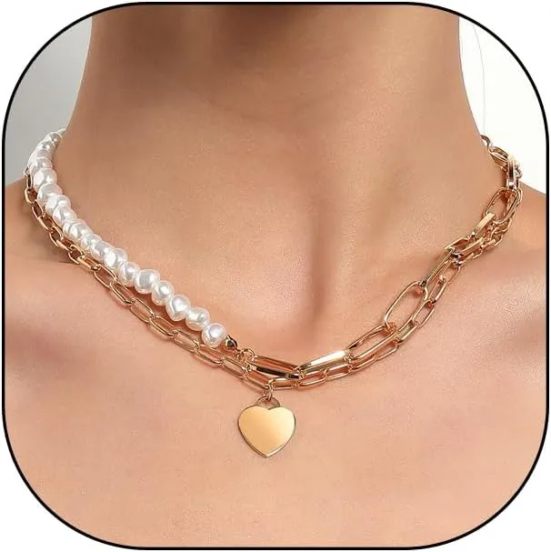 Layered Gold Heart Pearl Pendant Necklaces Set for Women Adjustable Beaded Love Necklaces Trendy Double Pearl Chain Necklaces Wedding Jewelry Gifts