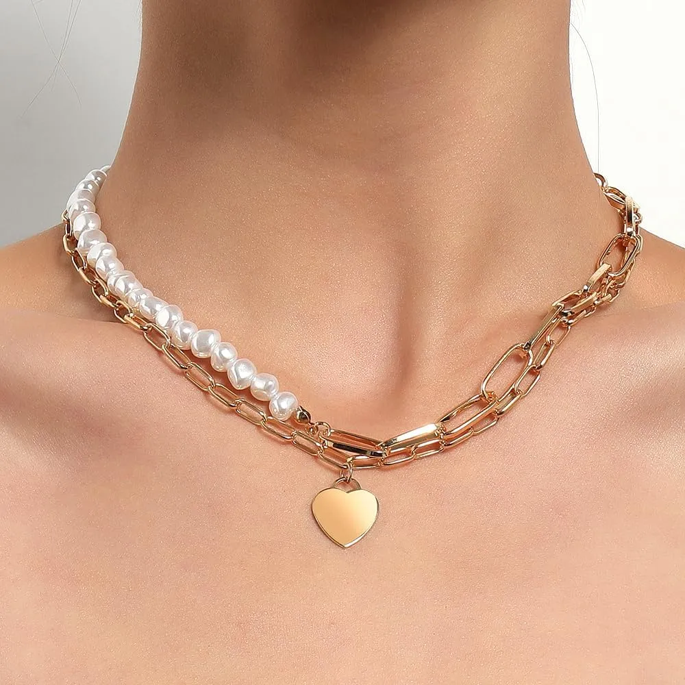 Layered Gold Heart Pearl Pendant Necklaces Set for Women Adjustable Beaded Love Necklaces Trendy Double Pearl Chain Necklaces Wedding Jewelry Gifts