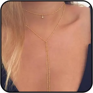 Layered Gold Lariat Pendant Necklaces for Women Long Beaded Chain Y Choker Necklaces Stackable Statement Beads Link Drop Necklaces Jewelry Accessories