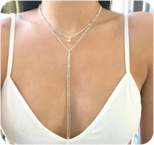 Layered Gold Lariat Pendant Necklaces for Women Long Beaded Chain Y Choker Necklaces Stackable Statement Beads Link Drop Necklaces Jewelry Accessories