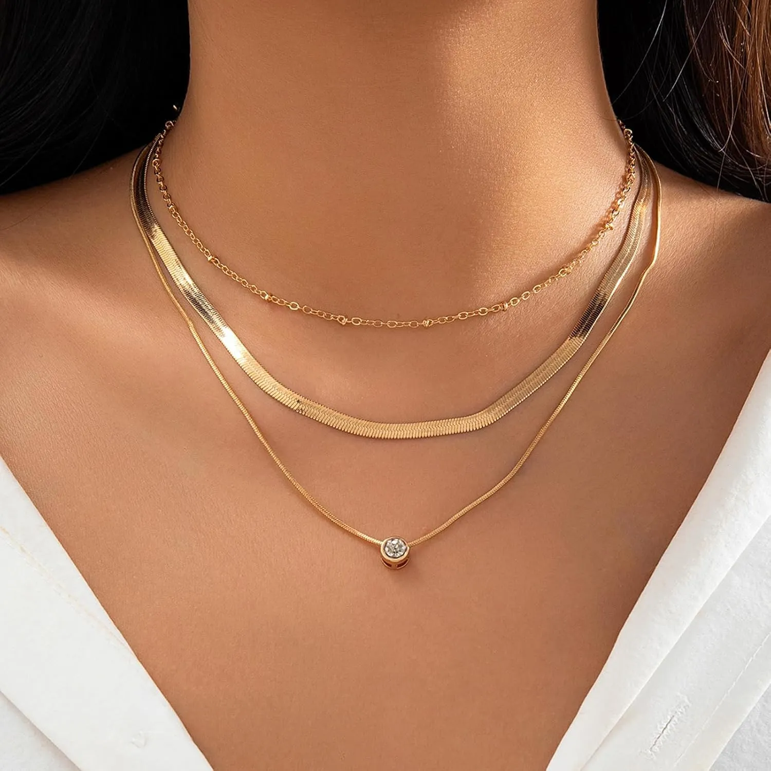 Layered Gold Necklaces for Women Dainty 14K Gold Plated Snake Chain Layered Necklaces Stacked Necklaces Herringbone Necklace Gold Jewelry Gift for Women