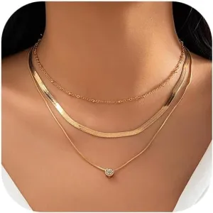 Layered Gold Necklaces for Women Dainty 14K Gold Plated Snake Chain Layered Necklaces Stacked Necklaces Herringbone Necklace Gold Jewelry Gift for Women