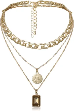 Layered Necklaces for Women, Dainty Layered Necklaces for Women Portrait Embossed Multilayer Chain Pendant Chain Necklaces Jewelry Gifts, 3 Pieces, Gold