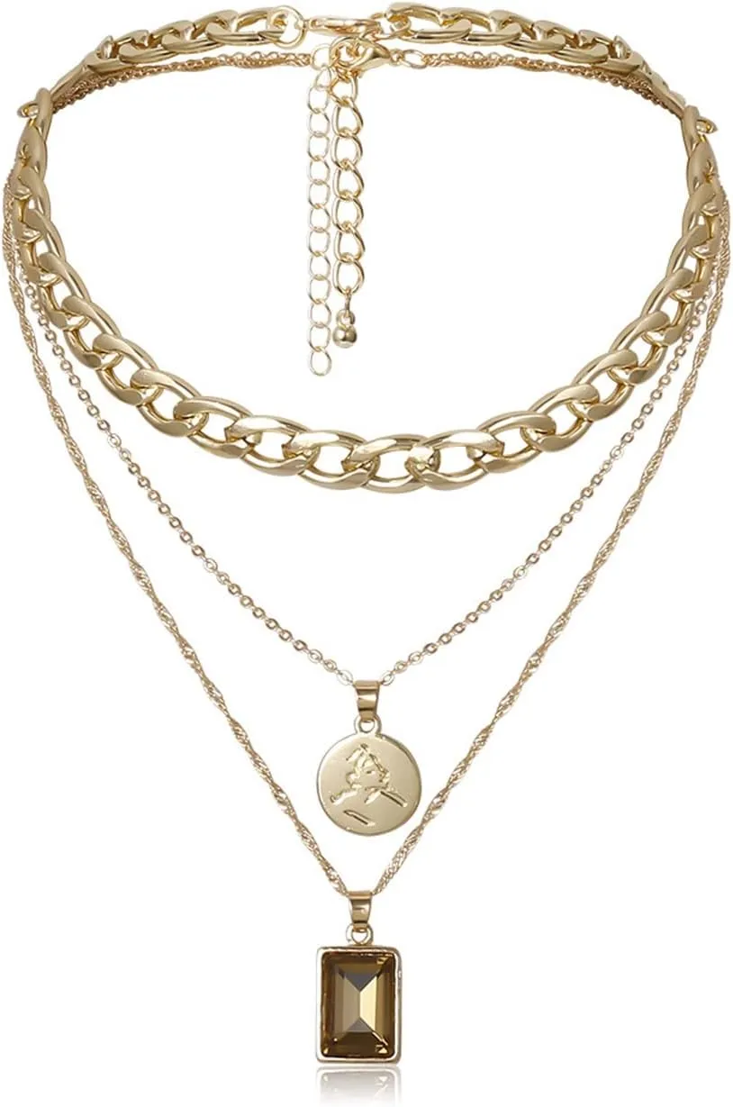 Layered Necklaces for Women, Dainty Layered Necklaces for Women Portrait Embossed Multilayer Chain Pendant Chain Necklaces Jewelry Gifts, 3 Pieces, Gold