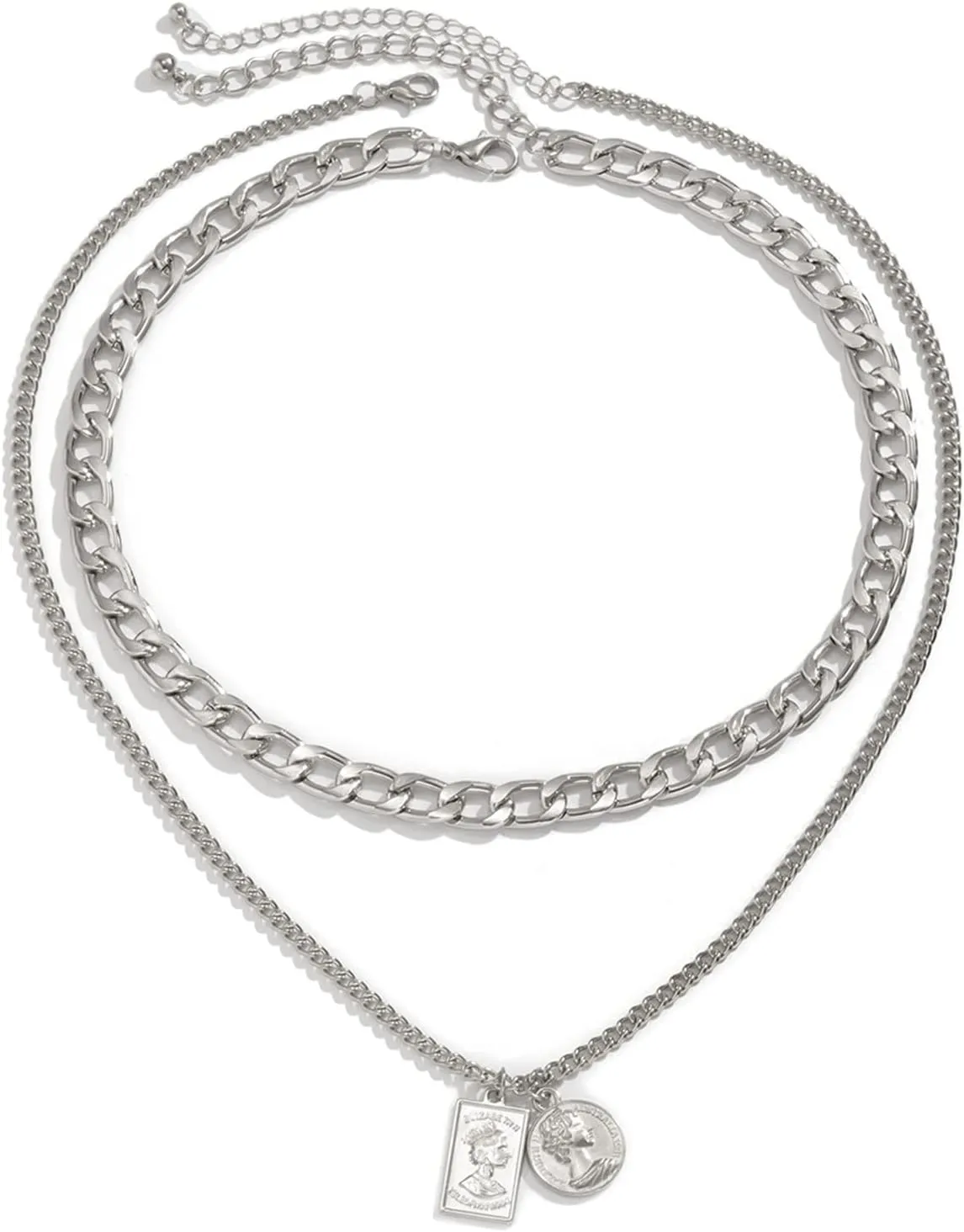 Layered Necklaces for Women, Dainty Layered Necklaces for Women Queen Relief Pendant Chain Necklaces Jewelry Gifts for Birthday Wedding, 2 Pieces, Silver