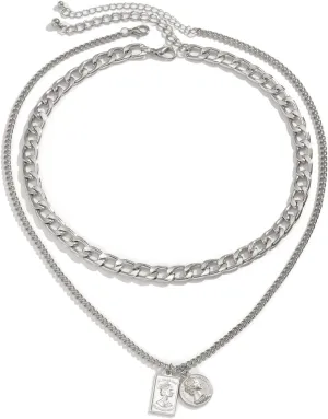 Layered Necklaces for Women, Dainty Layered Necklaces for Women Queen Relief Pendant Chain Necklaces Jewelry Gifts for Birthday Wedding, 2 Pieces, Silver