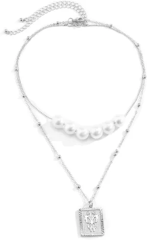 Layered Necklaces for Women Silver, Dainty Layered Necklaces for Women Simple Pearl Butterfly Pendant Chain Necklaces for Women Girls, 2 Pieces, Silver
