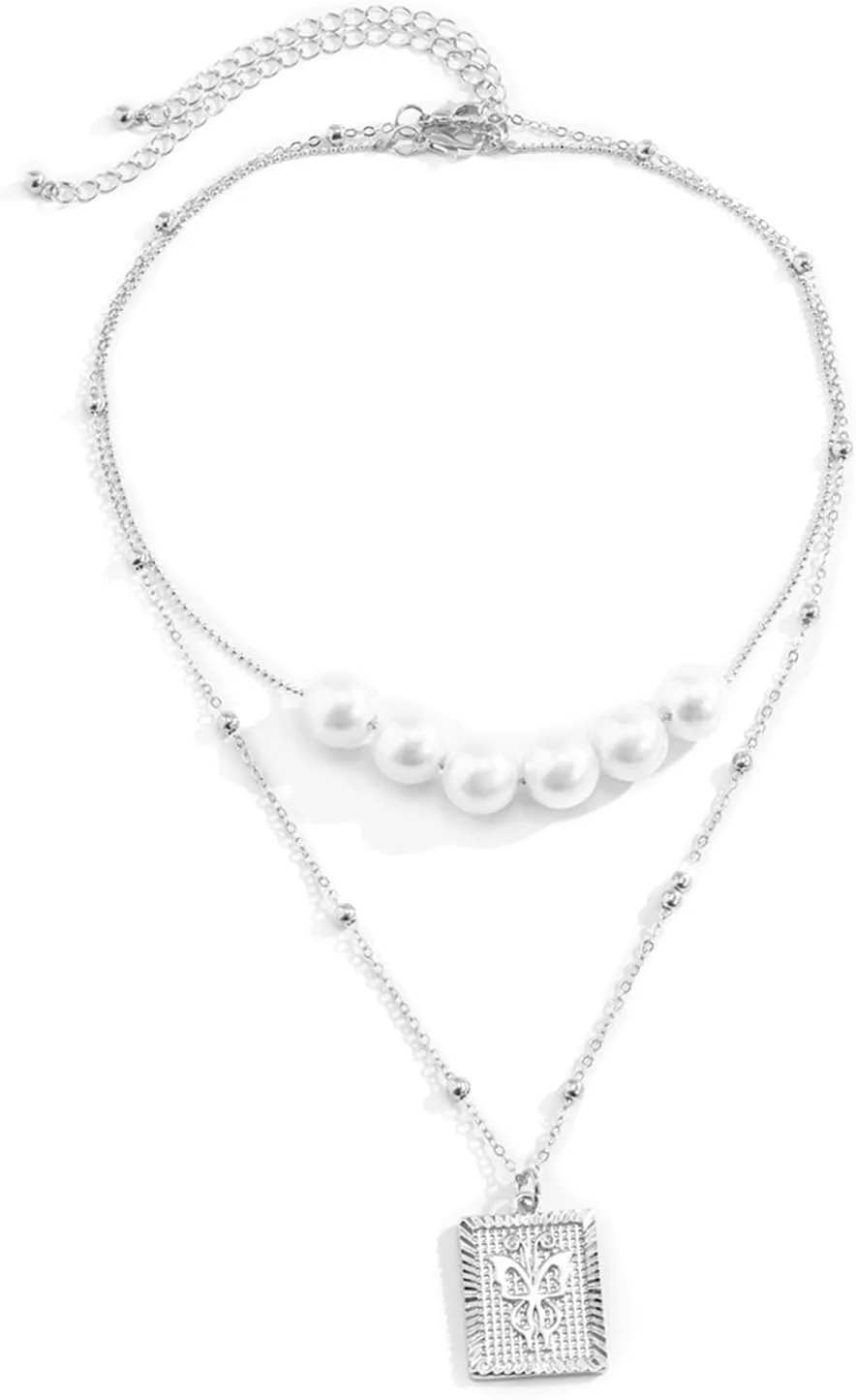 Layered Necklaces for Women Silver, Dainty Layered Necklaces for Women Simple Pearl Butterfly Pendant Chain Necklaces for Women Girls, 2 Pieces, Silver