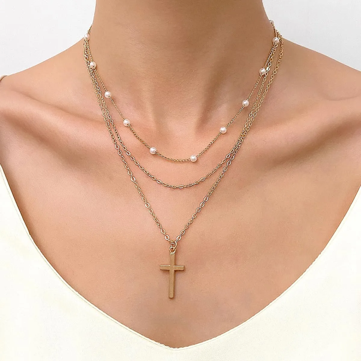 Layered Pearl Necklaces for Women Faux Pearl Butterfly Heart Choker 14K Gold Cross Pendant Necklaces Adjustable Bohemian Choker Necklaces Dainty Jewelry Gifts