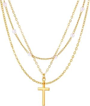 Layered Pearl Necklaces for Women Faux Pearl Butterfly Heart Choker 14K Gold Cross Pendant Necklaces Adjustable Bohemian Choker Necklaces Dainty Jewelry Gifts
