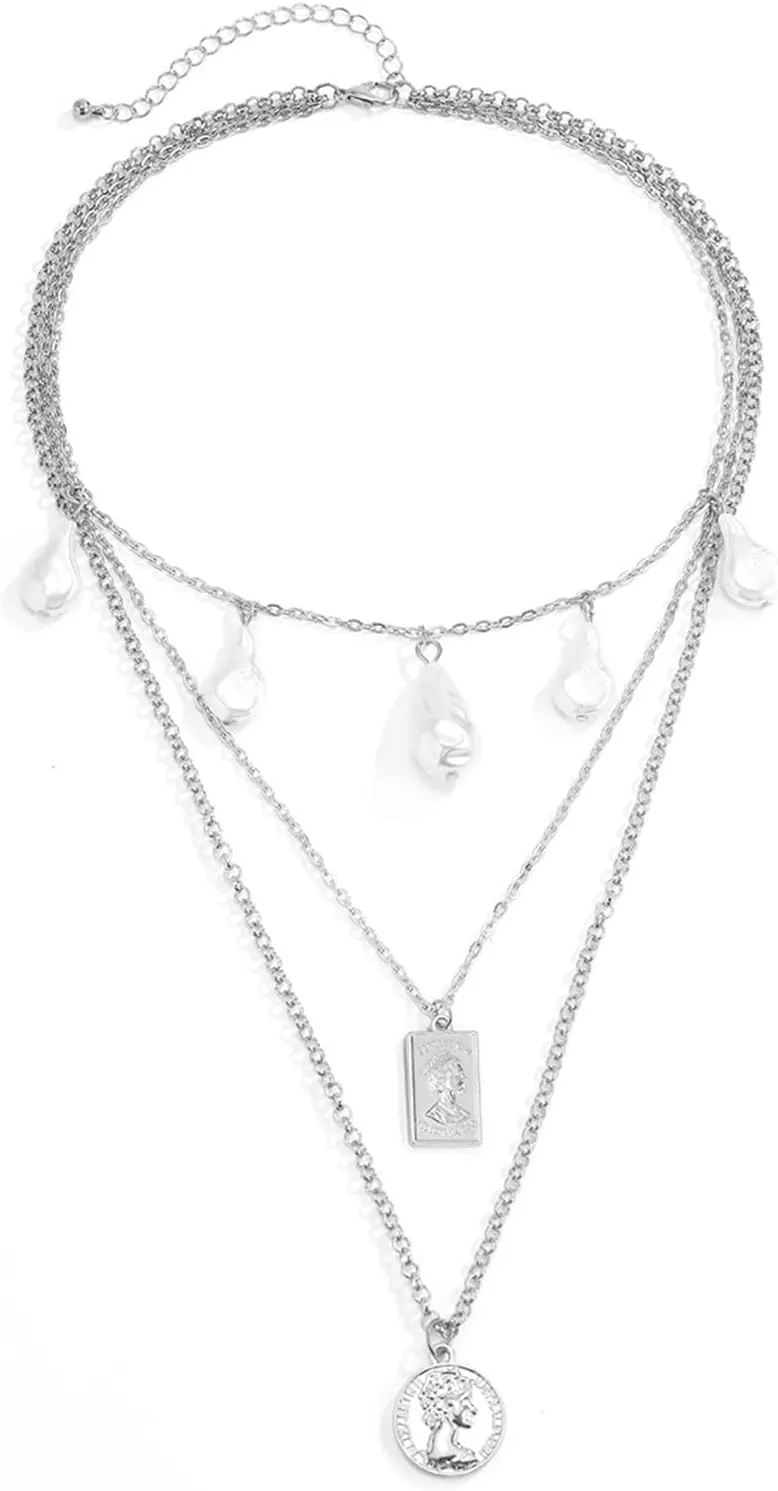 Layering Necklaces for Women, Dainty Layered Necklaces for Women Waterdrop Pearl Tassel Retro Pendant Chain Necklaces for Women Girls, 3 Layers, Silver
