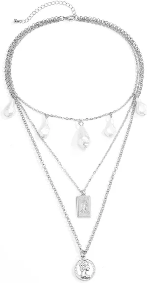 Layering Necklaces for Women, Dainty Layered Necklaces for Women Waterdrop Pearl Tassel Retro Pendant Chain Necklaces for Women Girls, 3 Layers, Silver