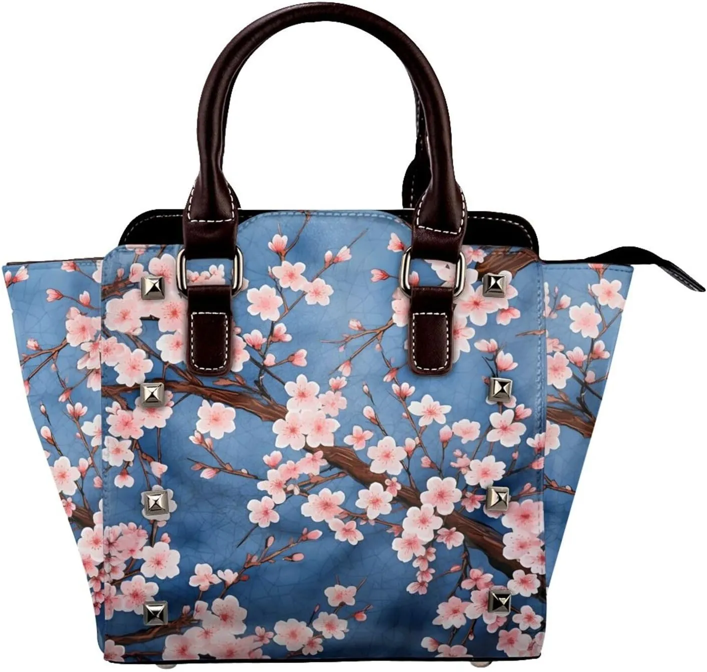 Leather Shoulder Bag for Women, Vintage Cherry Flower Studded Purse Retro Plum Blossom Crossbody Handbags Punk Hobo Bag with Adjustable Strap