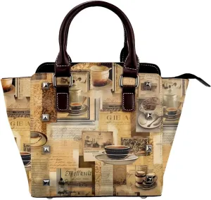 Leather Shoulder Bag for Women, Vintage Coffee Studded Purse Retro Newspaper Crossbody Handbags Punk Hobo Bag with Adjustable Strap