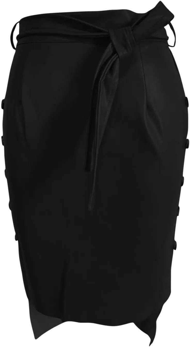 Leather Skirt for Women Trendy High Waisted Slit Side Wrap Button Waistband Knee Length Bodycon Skirts with Belt