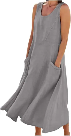 Linen Dress Women Summer Trendy Sleeveless Long Tank Dresses Plus Size Vacation Boho Beach Sundresses with Pockets