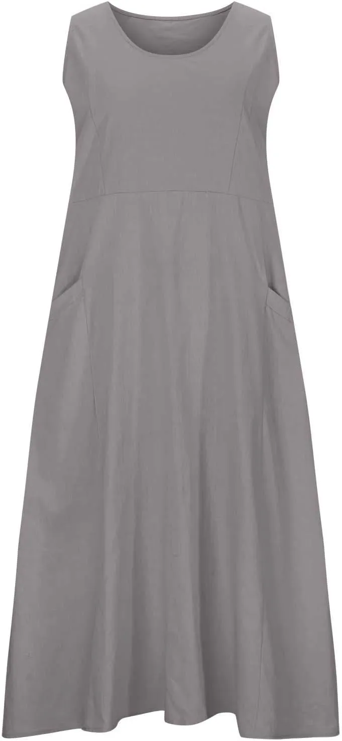 Linen Dress Women Summer Trendy Sleeveless Long Tank Dresses Plus Size Vacation Boho Beach Sundresses with Pockets