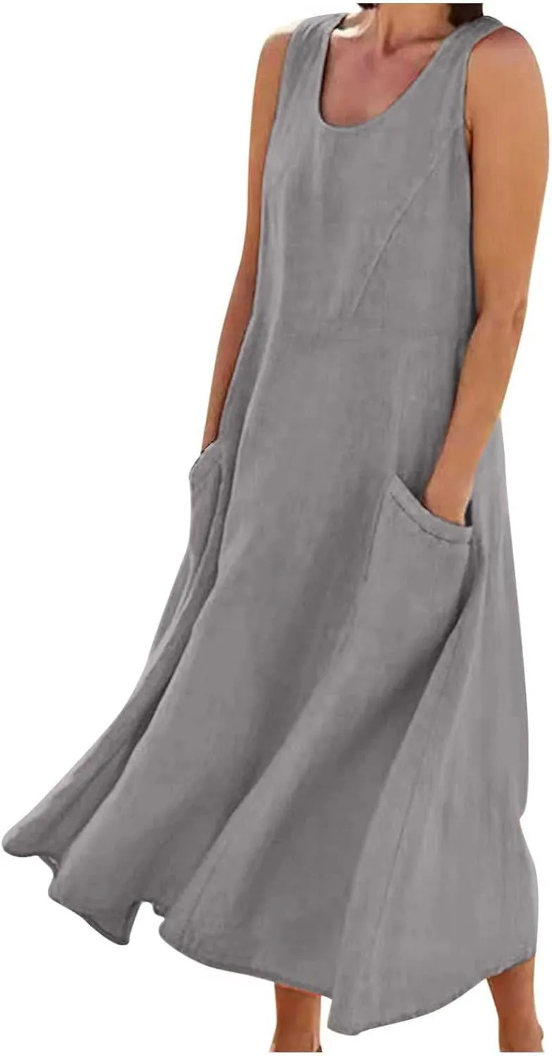 Linen Dress Women Summer Trendy Sleeveless Long Tank Dresses Plus Size Vacation Boho Beach Sundresses with Pockets