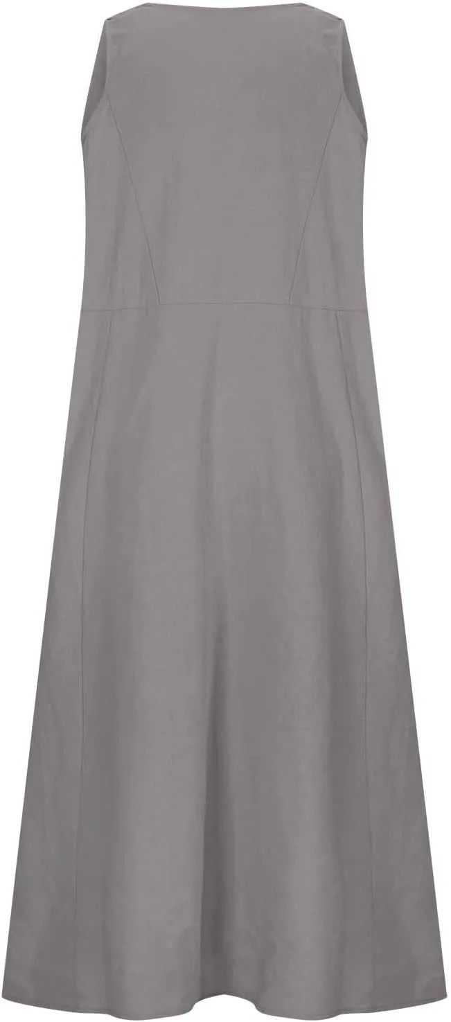 Linen Dress Women Summer Trendy Sleeveless Long Tank Dresses Plus Size Vacation Boho Beach Sundresses with Pockets