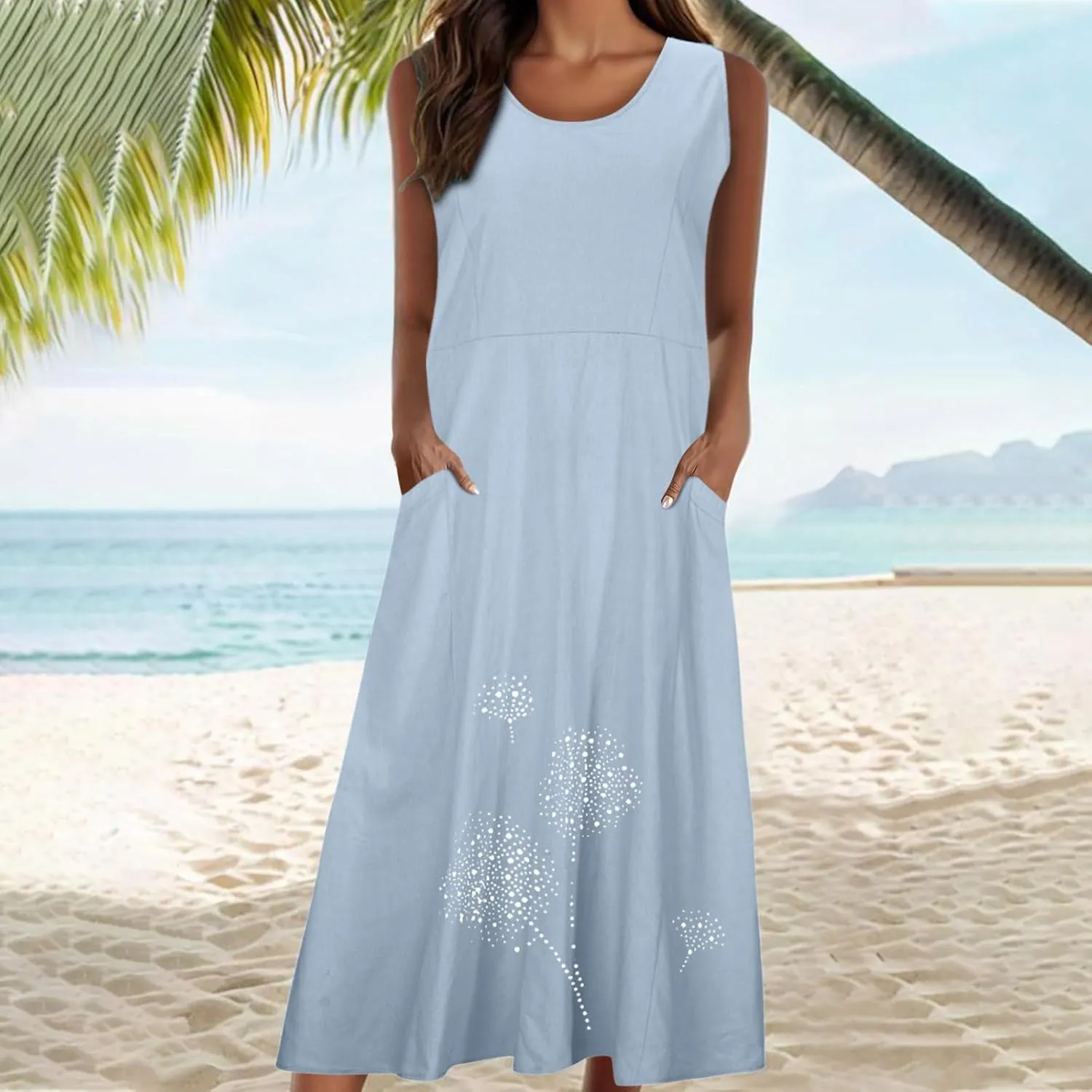 Linen Dresses for Women Summer Sleeveless Maxi Dresses Dressy Casual Crewneck Sun Dresses Trendy Summer Beach Outfits