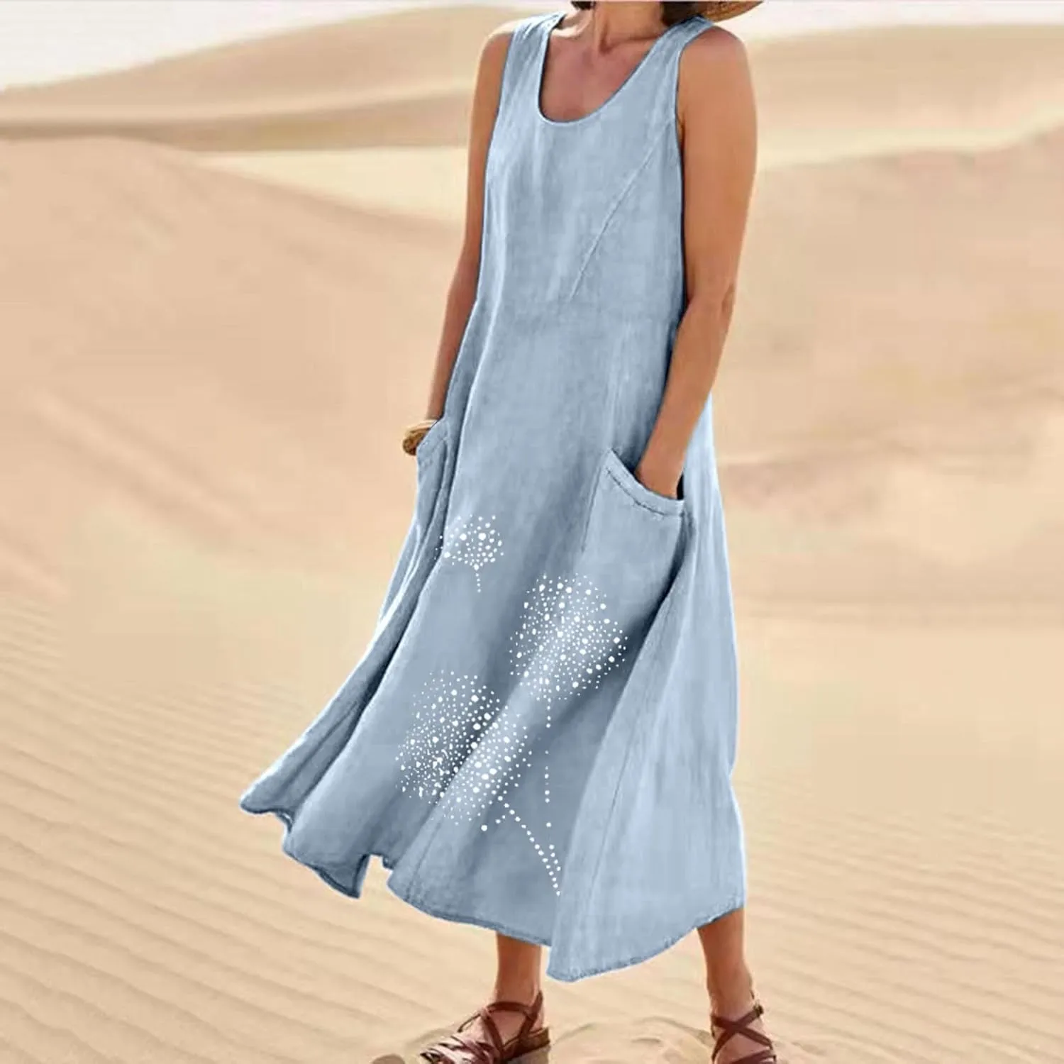 Linen Dresses for Women Summer Sleeveless Maxi Dresses Dressy Casual Crewneck Sun Dresses Trendy Summer Beach Outfits