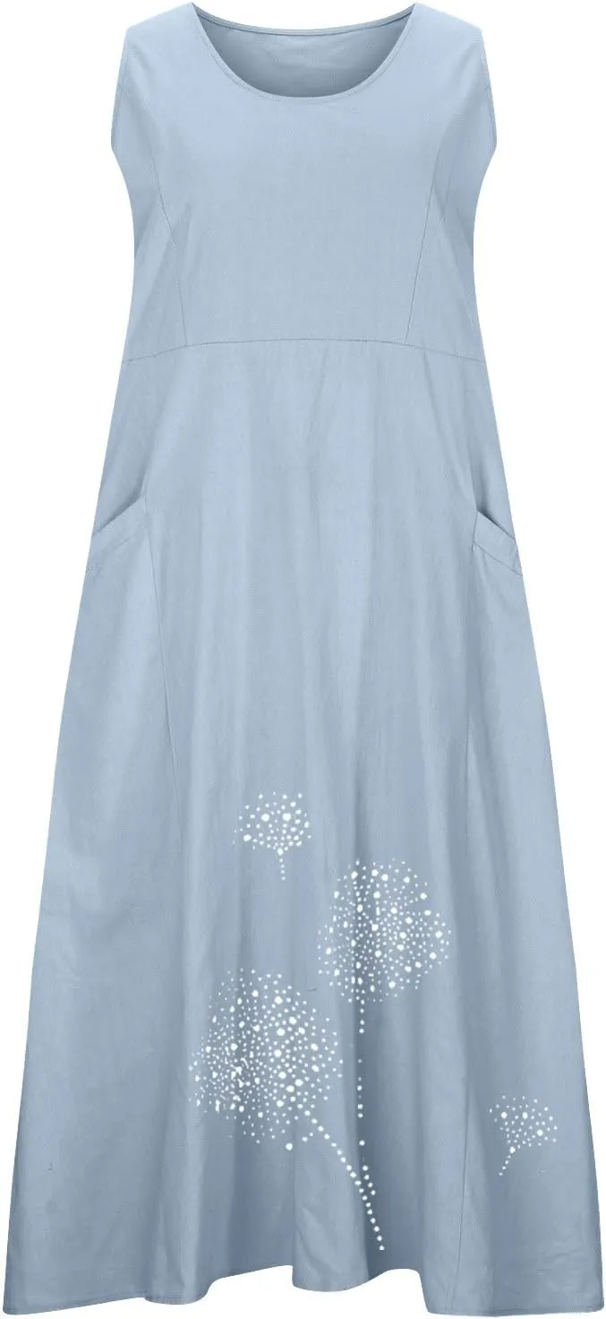 Linen Dresses for Women Summer Sleeveless Maxi Dresses Dressy Casual Crewneck Sun Dresses Trendy Summer Beach Outfits