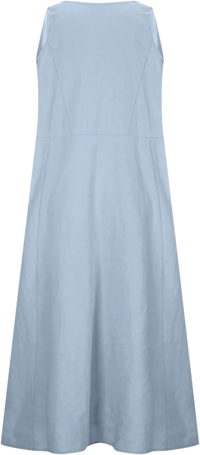 Linen Dresses for Women Summer Sleeveless Maxi Dresses Dressy Casual Crewneck Sun Dresses Trendy Summer Beach Outfits