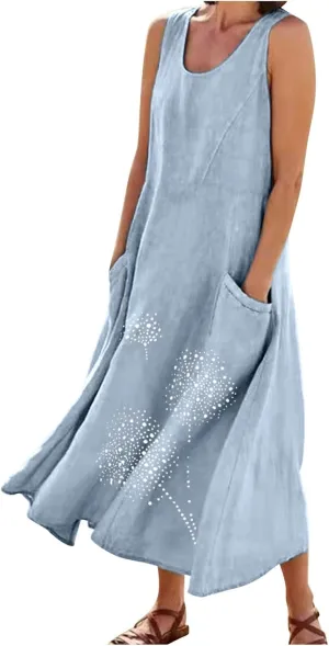 Linen Dresses for Women Summer Sleeveless Maxi Dresses Dressy Casual Crewneck Sun Dresses Trendy Summer Beach Outfits