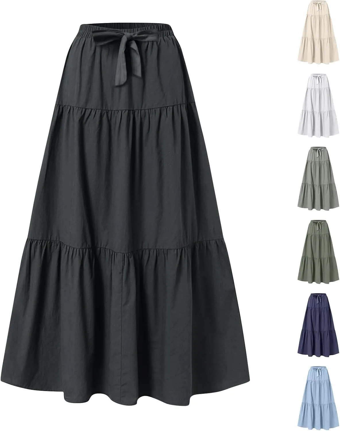 Linen Maxi Skirts for Women 2025 Summer Bow Elastic Waist A Line Tiered Boho Skirt Vacation Beach Long Pleated Skirt