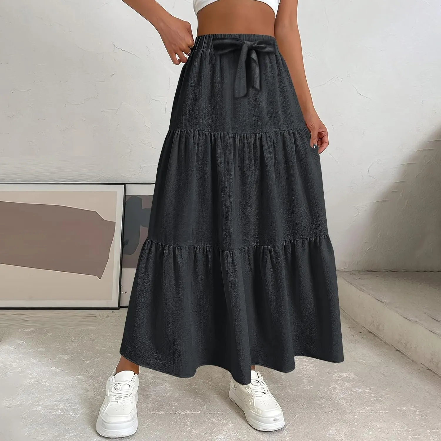Linen Maxi Skirts for Women 2025 Summer Bow Elastic Waist A Line Tiered Boho Skirt Vacation Beach Long Pleated Skirt
