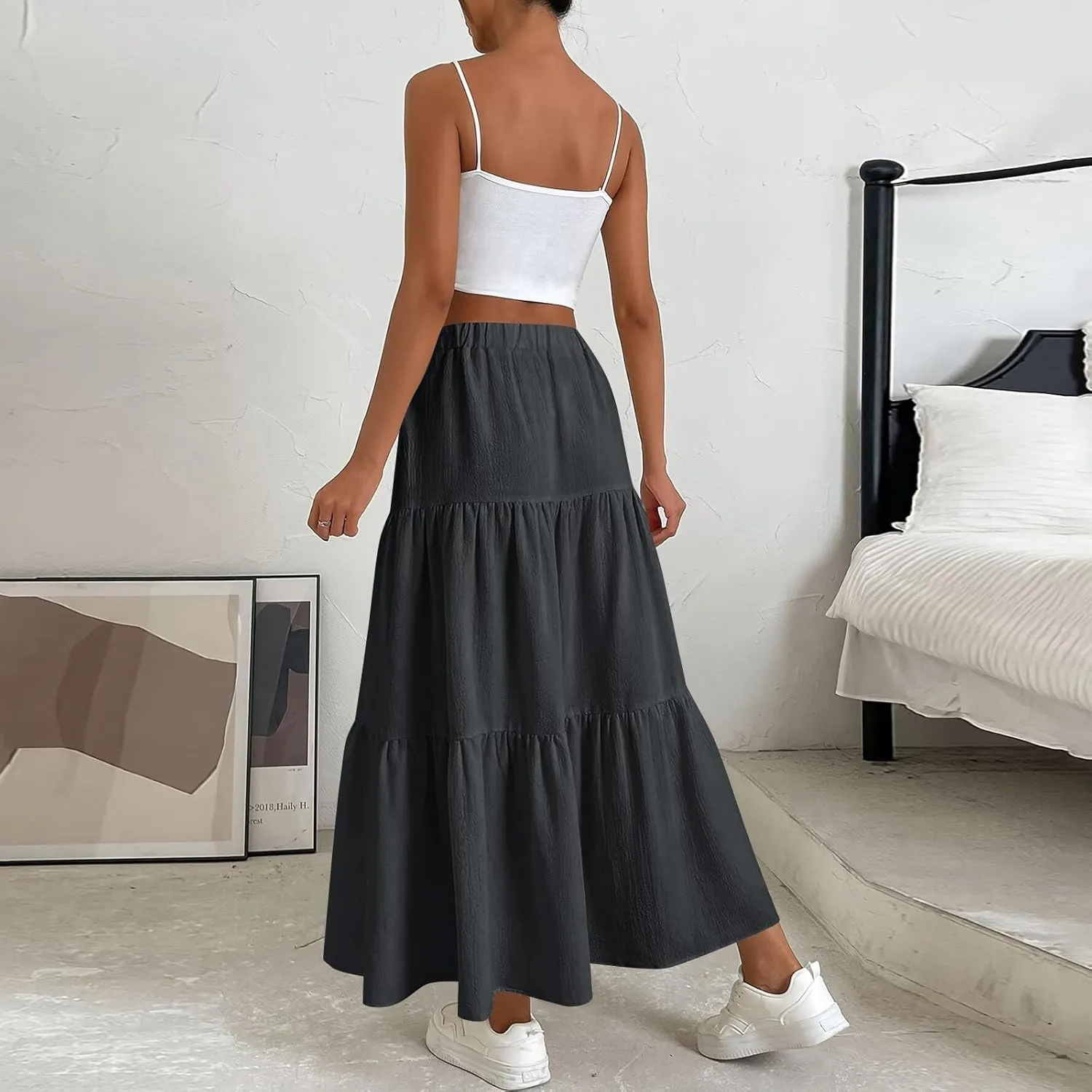 Linen Maxi Skirts for Women 2025 Summer Bow Elastic Waist A Line Tiered Boho Skirt Vacation Beach Long Pleated Skirt