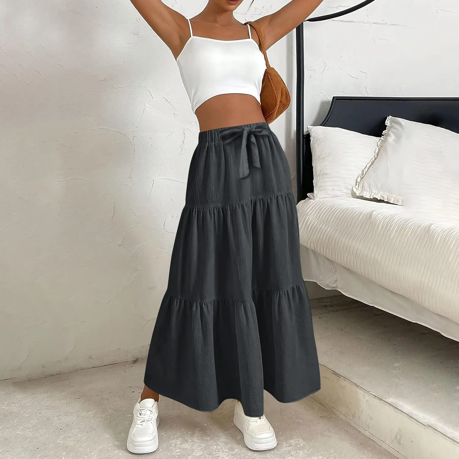 Linen Maxi Skirts for Women 2025 Summer Bow Elastic Waist A Line Tiered Boho Skirt Vacation Beach Long Pleated Skirt