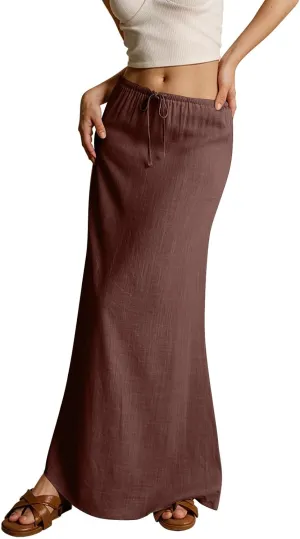 Linen Maxi Skirts for Women Summer 2025 Vacation Comfy Drawstring Low Waist A Line Skirt Long Flowy Skirt Cover Ups