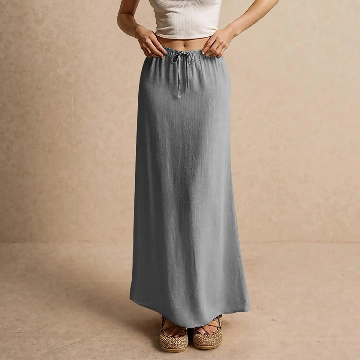 Linen Maxi Skirts for Women Summer 2025 Vacation Comfy Drawstring Low Waist A Line Skirt Long Flowy Skirt Cover Ups