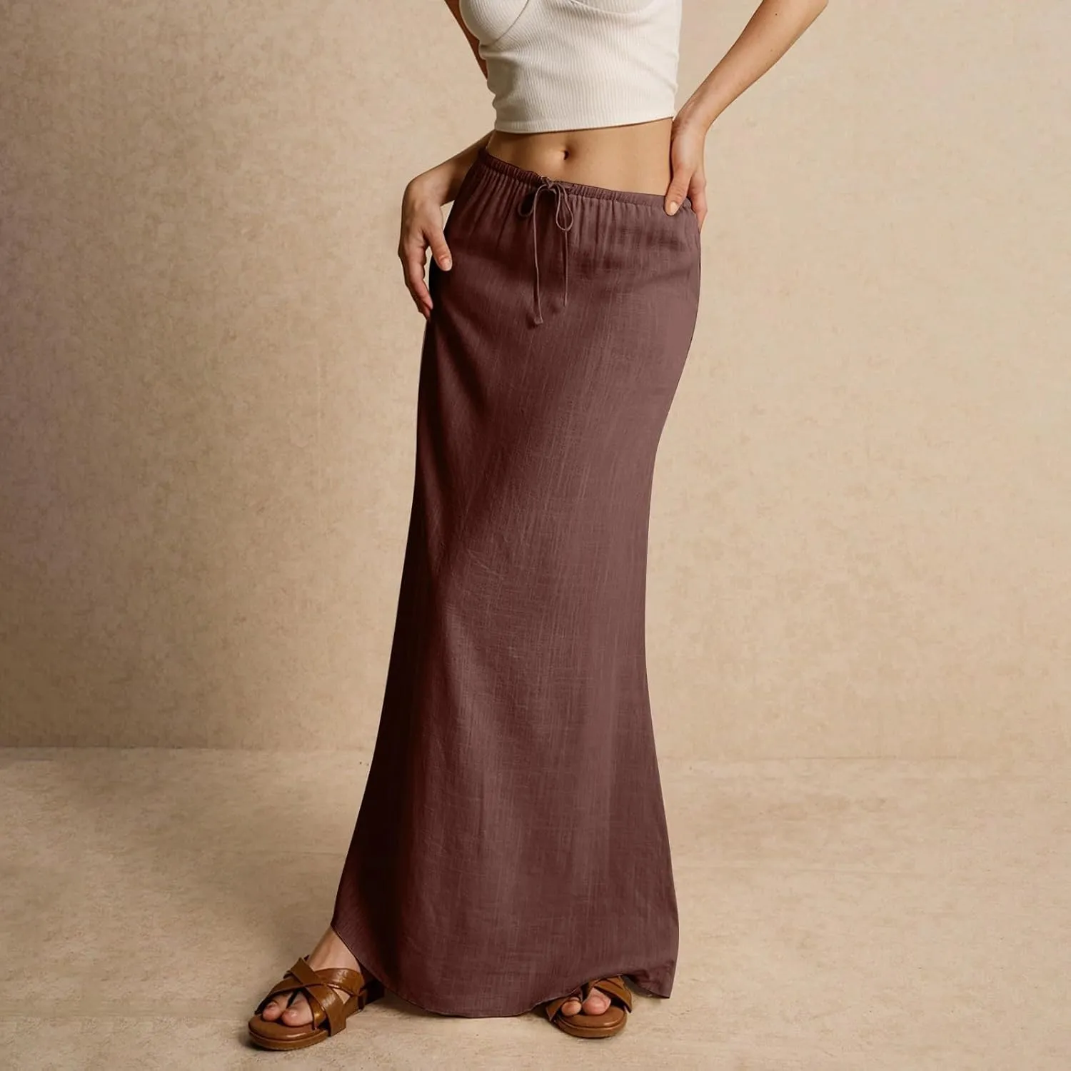 Linen Maxi Skirts for Women Summer 2025 Vacation Comfy Drawstring Low Waist A Line Skirt Long Flowy Skirt Cover Ups