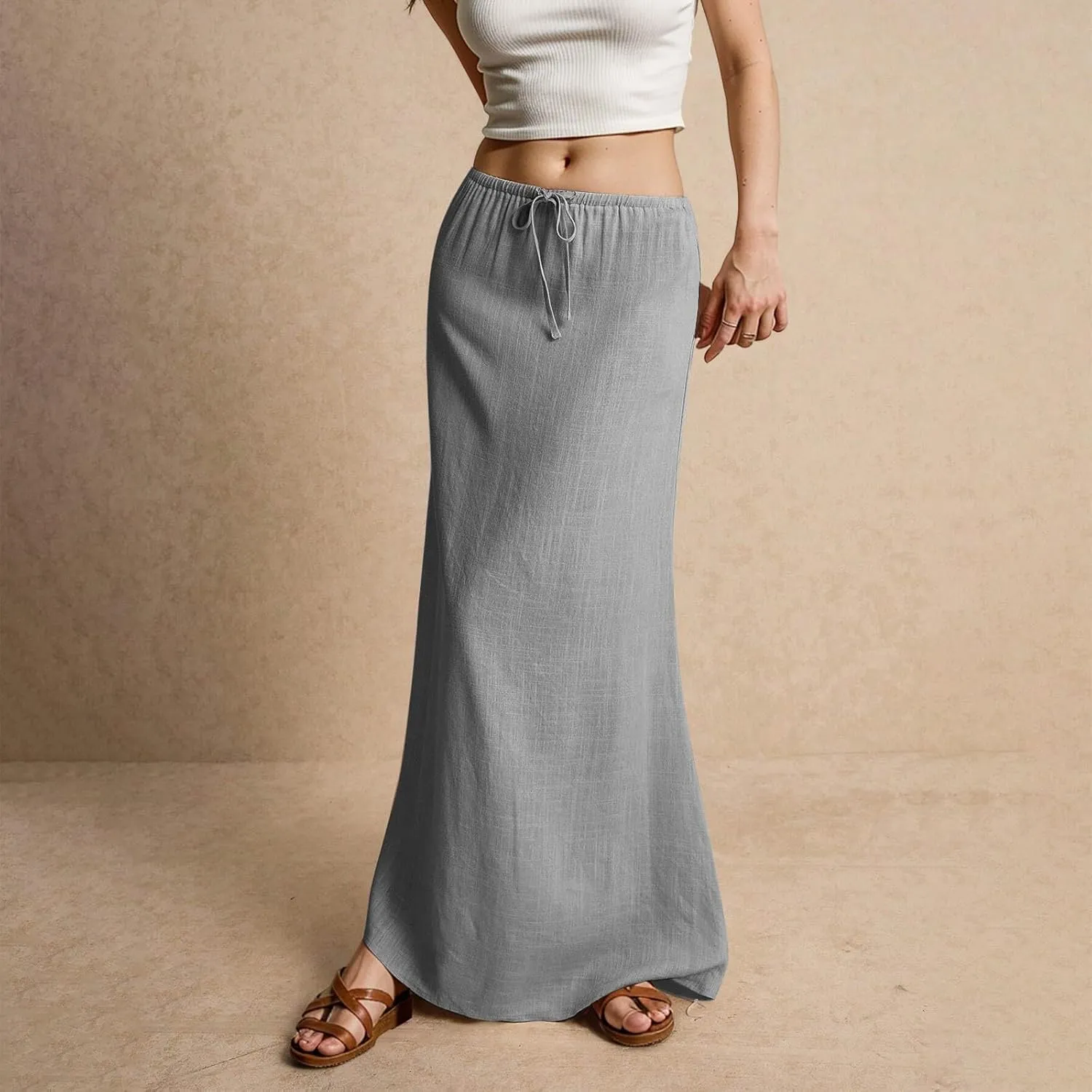 Linen Maxi Skirts for Women Summer 2025 Vacation Comfy Drawstring Low Waist A Line Skirt Long Flowy Skirt Cover Ups