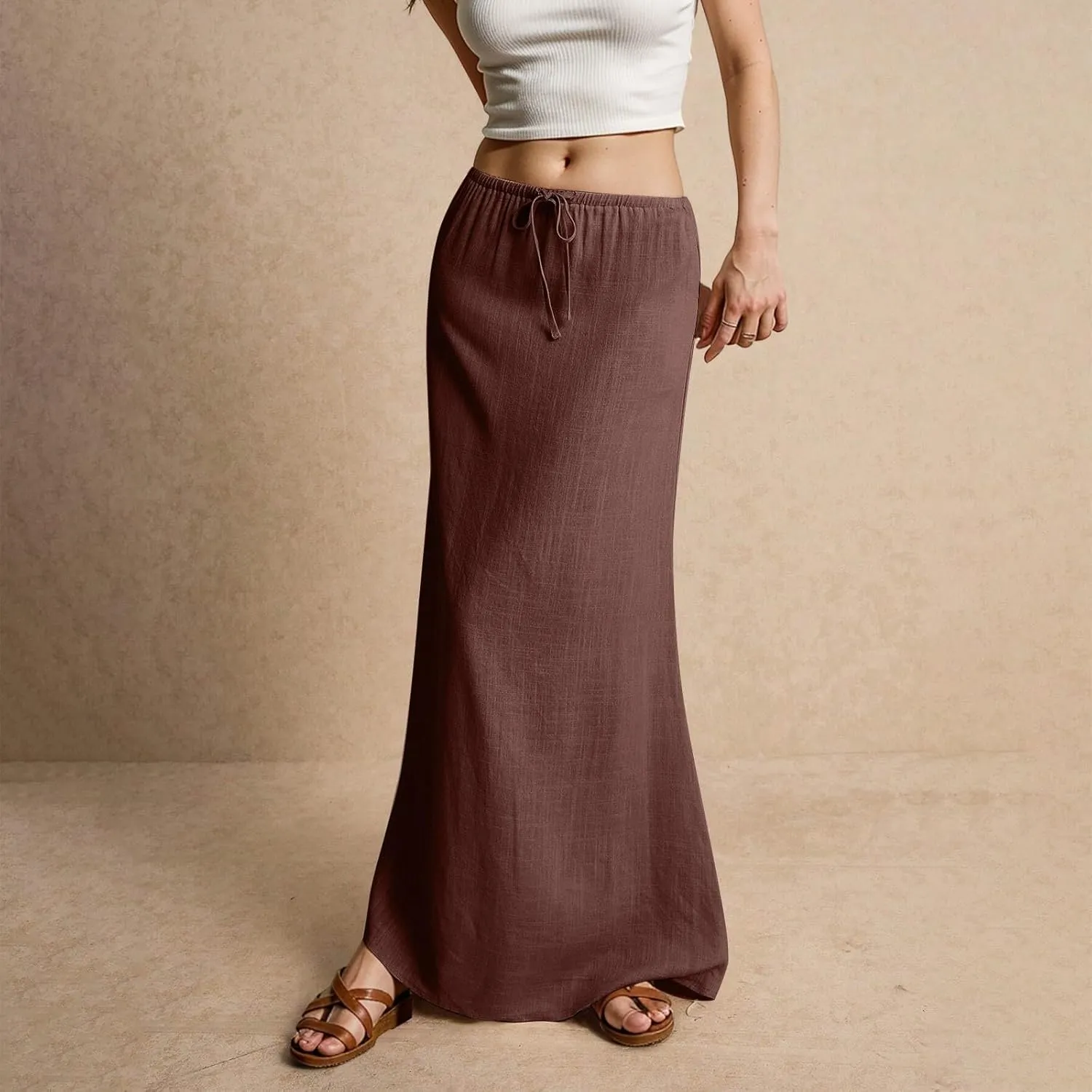 Linen Maxi Skirts for Women Summer 2025 Vacation Comfy Drawstring Low Waist A Line Skirt Long Flowy Skirt Cover Ups