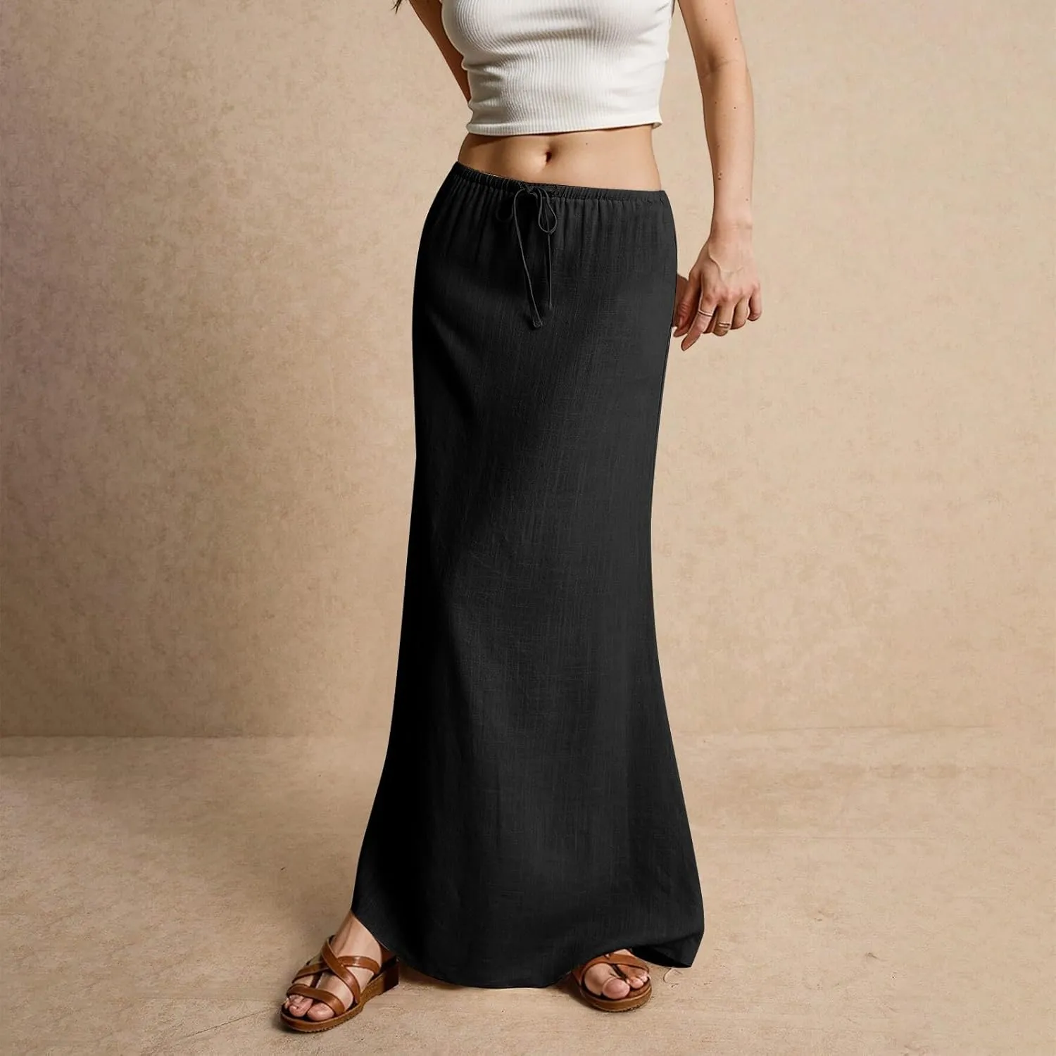 Linen Maxi Skirts for Women Summer 2025 Vacation Comfy Drawstring Low Waist A Line Skirt Long Flowy Skirt Cover Ups