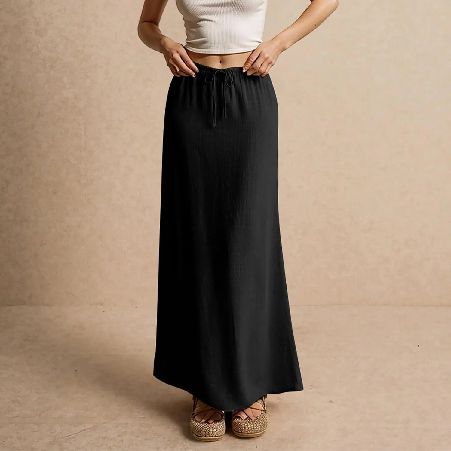 Linen Maxi Skirts for Women Summer 2025 Vacation Comfy Drawstring Low Waist A Line Skirt Long Flowy Skirt Cover Ups