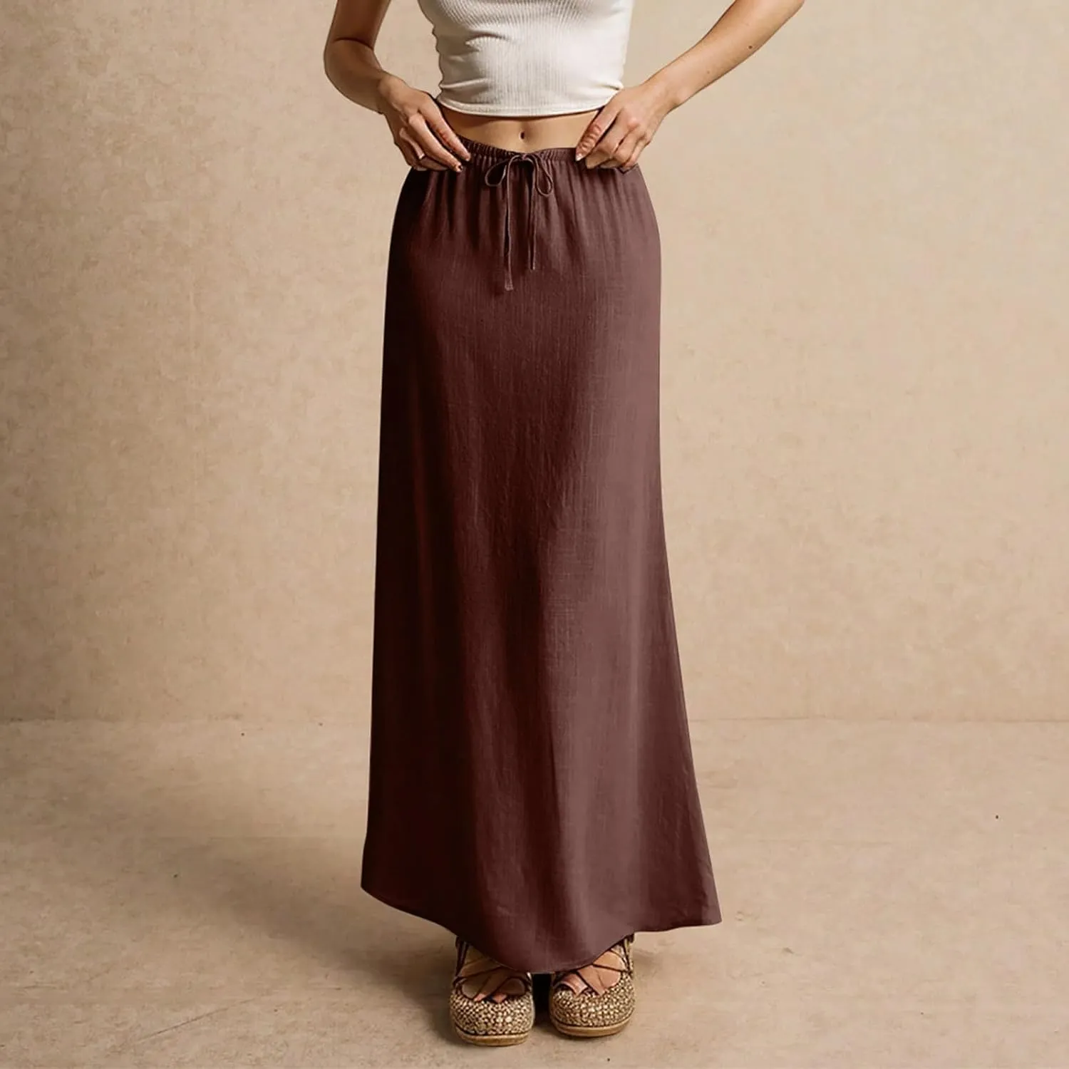 Linen Maxi Skirts for Women Summer 2025 Vacation Comfy Drawstring Low Waist A Line Skirt Long Flowy Skirt Cover Ups