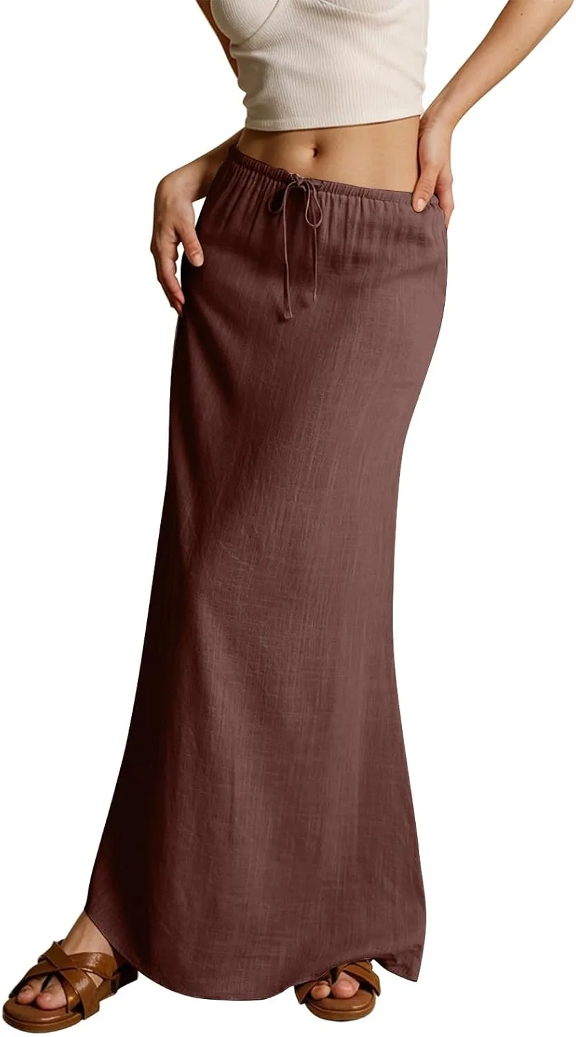Linen Maxi Skirts for Women Summer 2025 Vacation Comfy Drawstring Low Waist A Line Skirt Long Flowy Skirt Cover Ups