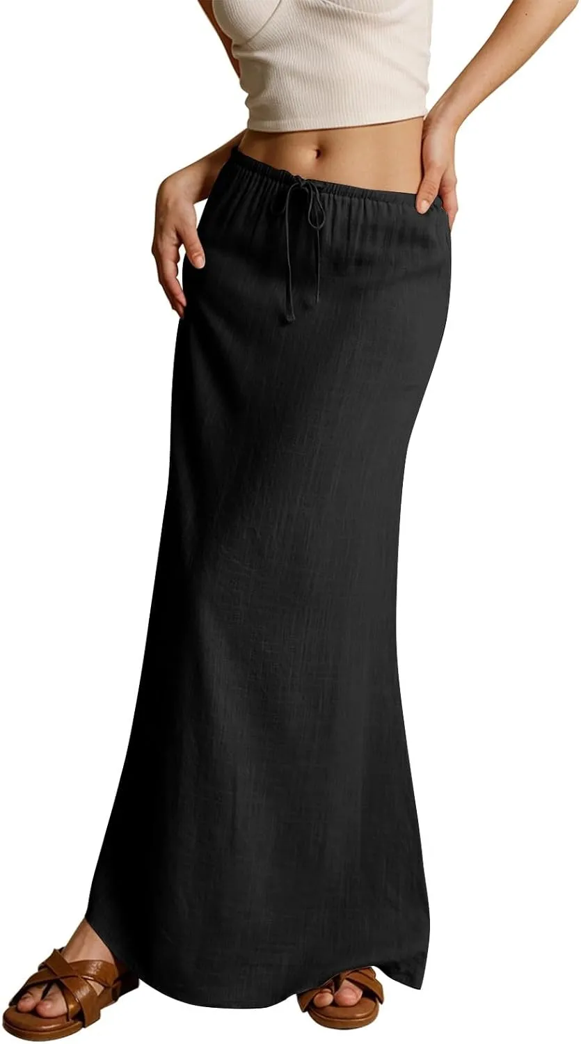 Linen Maxi Skirts for Women Summer 2025 Vacation Comfy Drawstring Low Waist A Line Skirt Long Flowy Skirt Cover Ups
