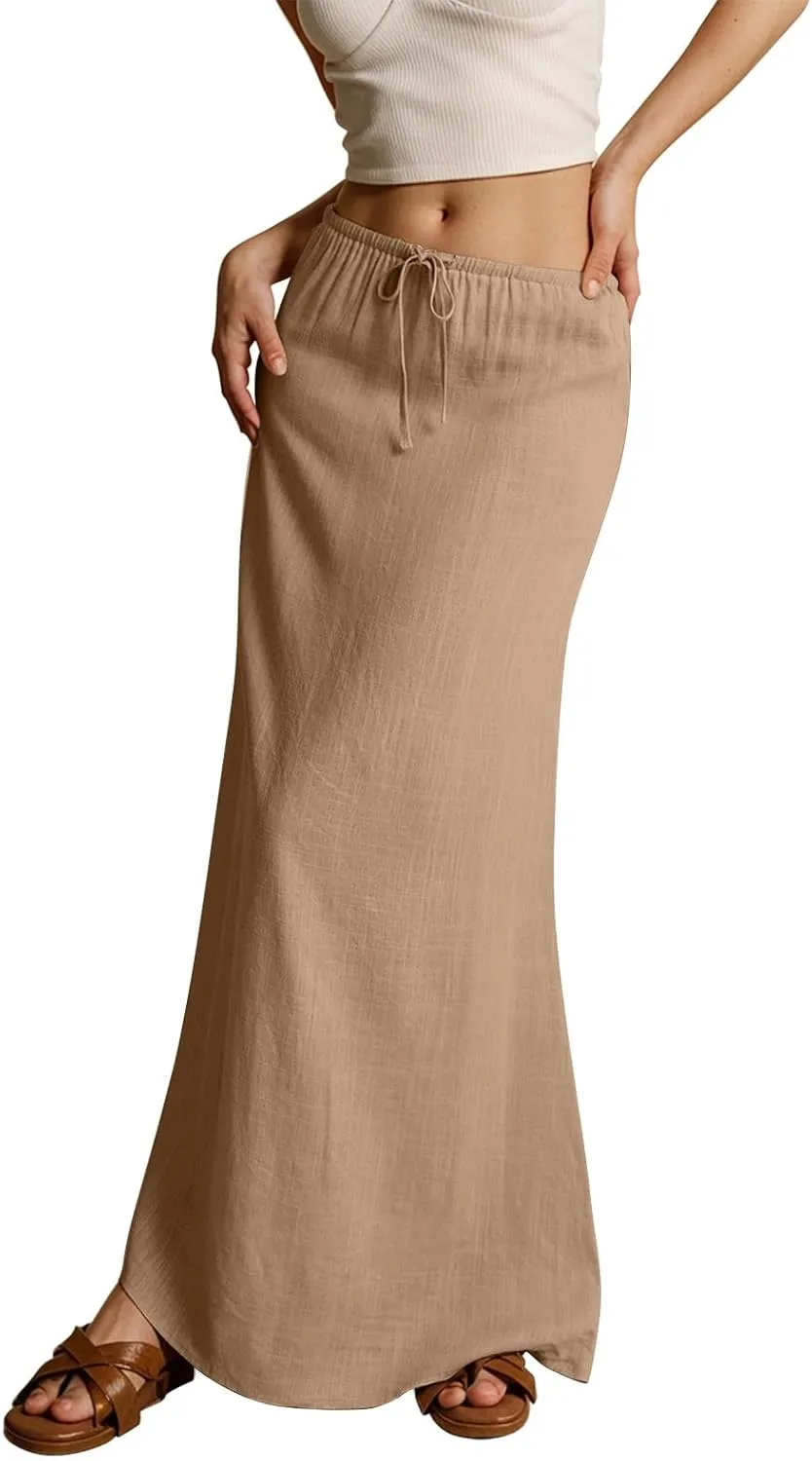 Linen Maxi Skirts for Women Summer 2025 Vacation Comfy Drawstring Low Waist A Line Skirt Long Flowy Skirt Cover Ups