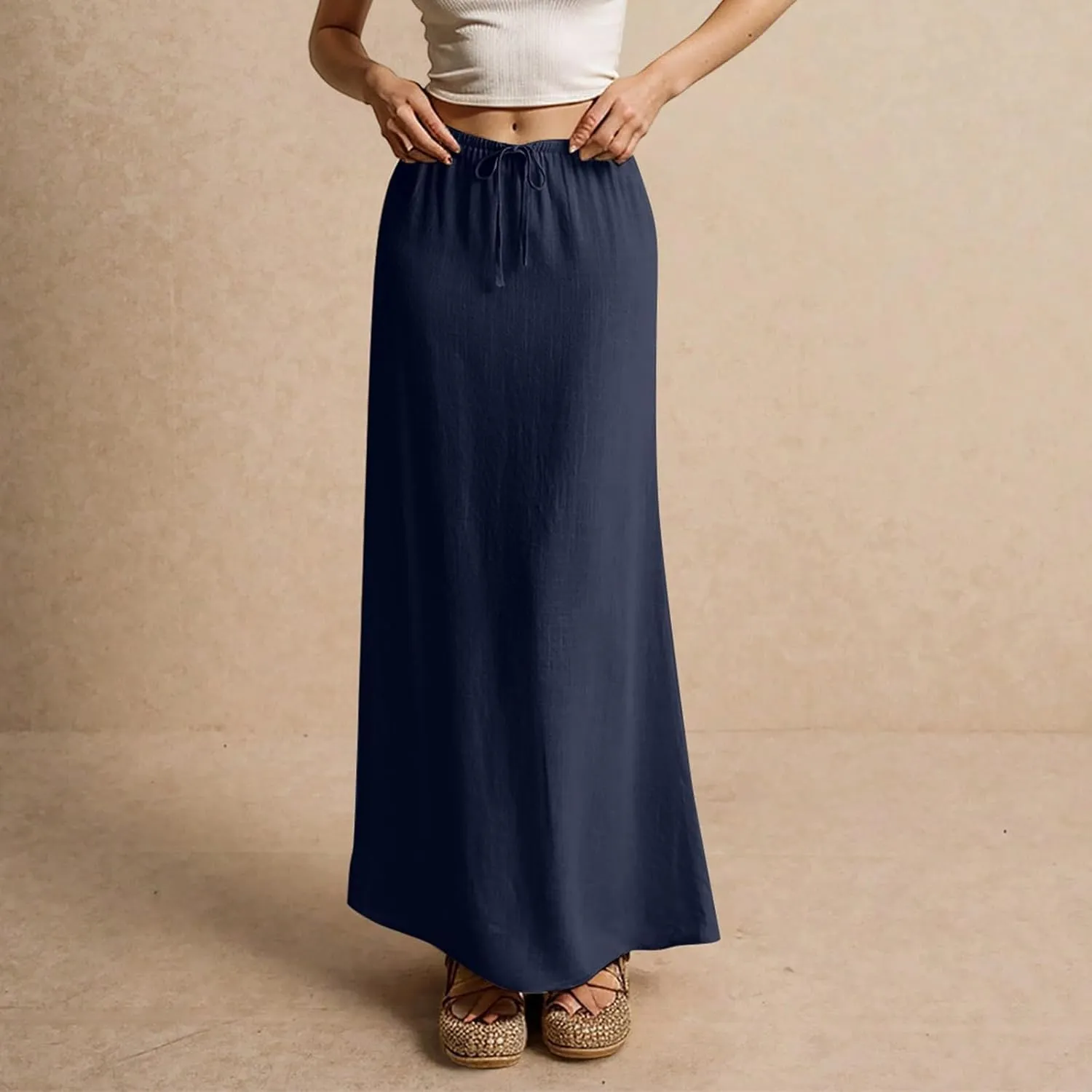 Linen Maxi Skirts for Women Summer 2025 Vacation Comfy Drawstring Low Waist A Line Skirt Long Flowy Skirt Cover Ups