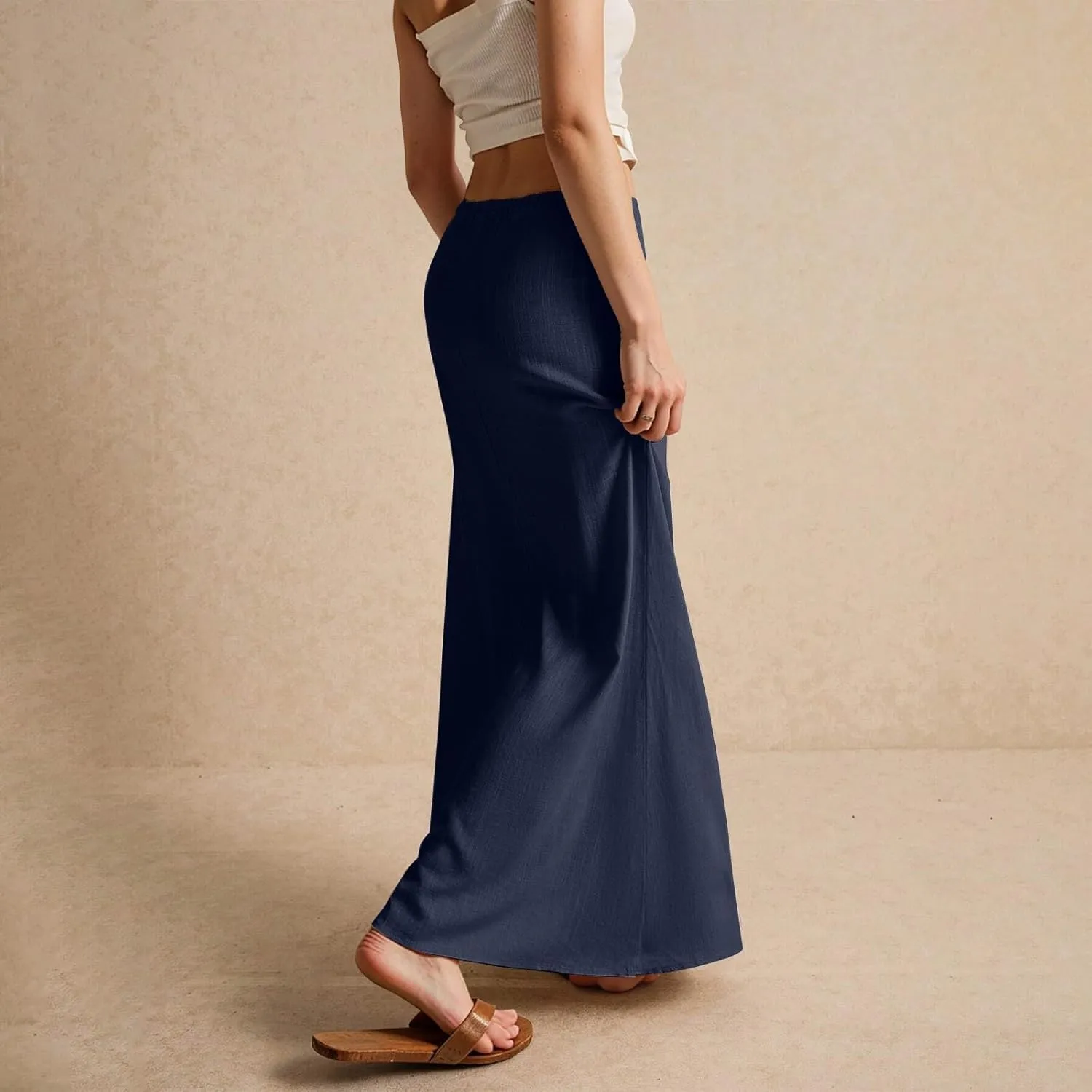 Linen Maxi Skirts for Women Summer 2025 Vacation Comfy Drawstring Low Waist A Line Skirt Long Flowy Skirt Cover Ups