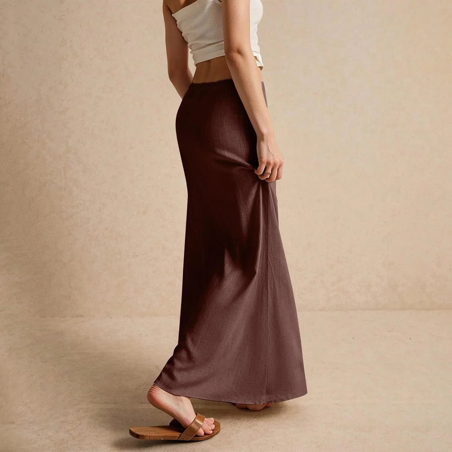 Linen Maxi Skirts for Women Summer 2025 Vacation Comfy Drawstring Low Waist A Line Skirt Long Flowy Skirt Cover Ups